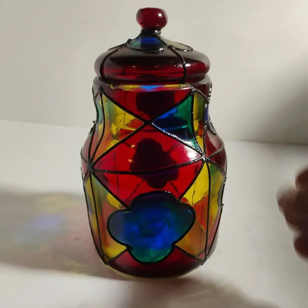 Vintage Vidrio  Stained Glass Lidded Jar, 8